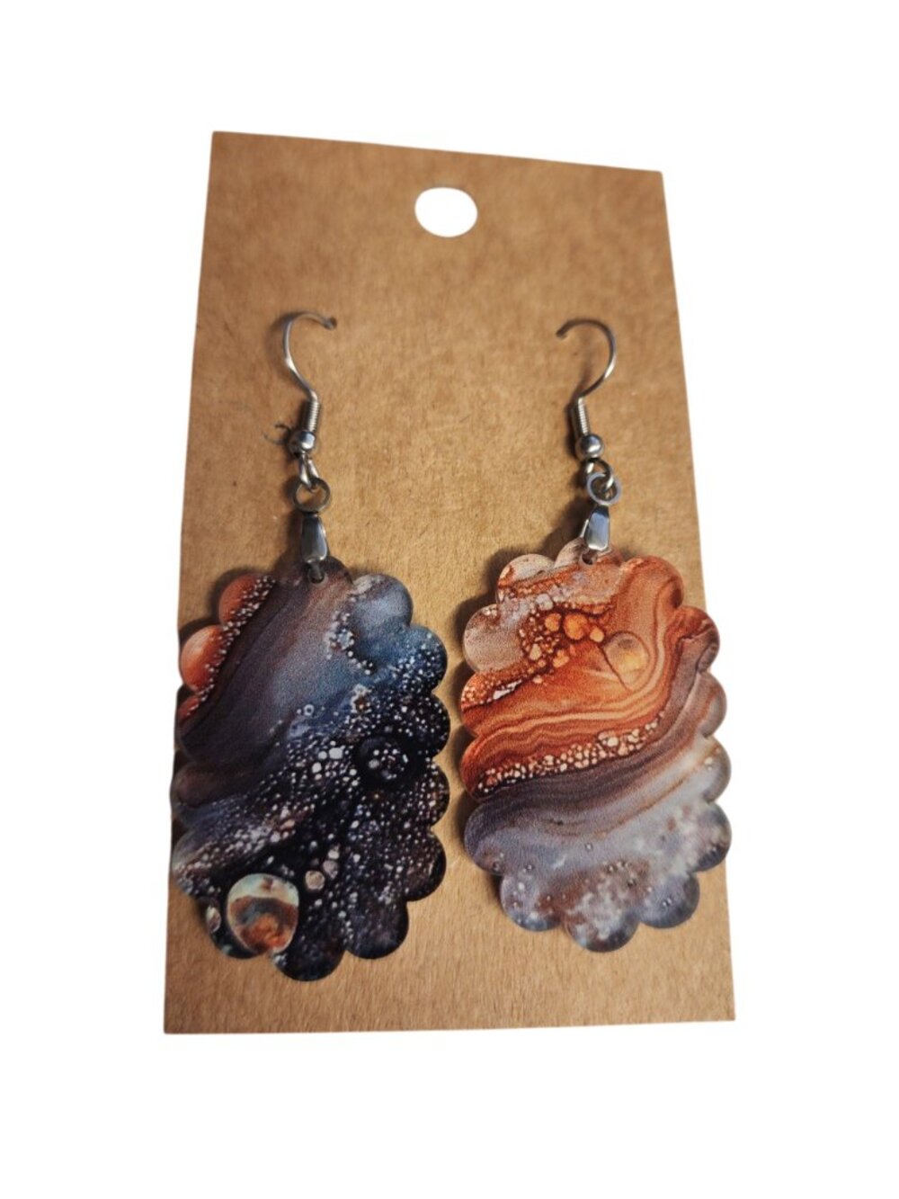 Rust & Charcoal Marble Scalloped Acrylic Drop Earrings